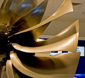 A380 (Trent 900) fan blades, showing the wide chord, forward and aft sweep, and extensive washout. (Photo: RDC)