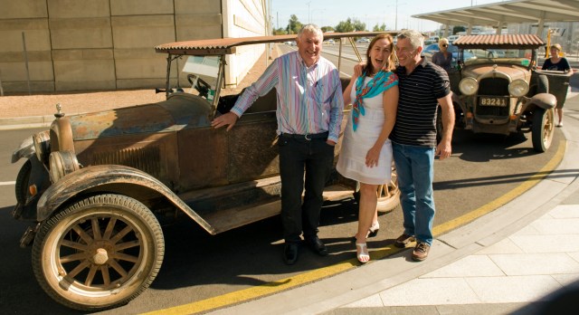 Peter Eaton collects Coral and Eric Bickerton (CEO, Disabled WinterSport Australia) at Adelaide Airport
