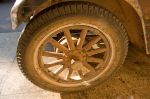 The Whippett's wooden spokes .   (notice the oil leaking from the spoke hub?)