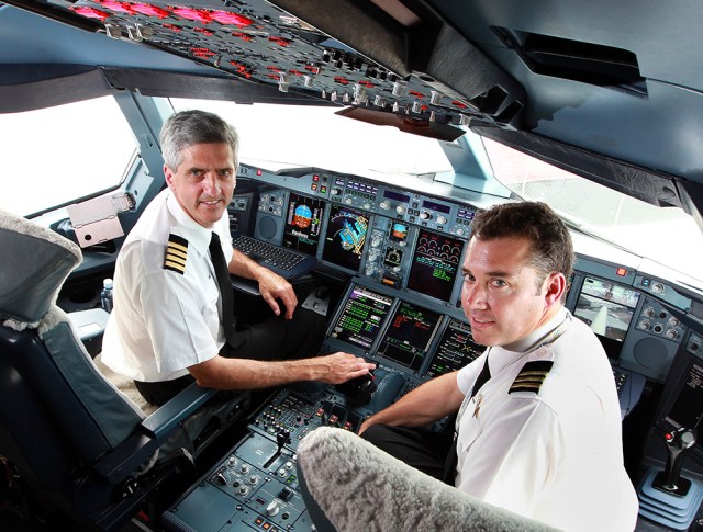 Matt Hicks in the A380 cockpit - December 2010 (Photo: The Australian)