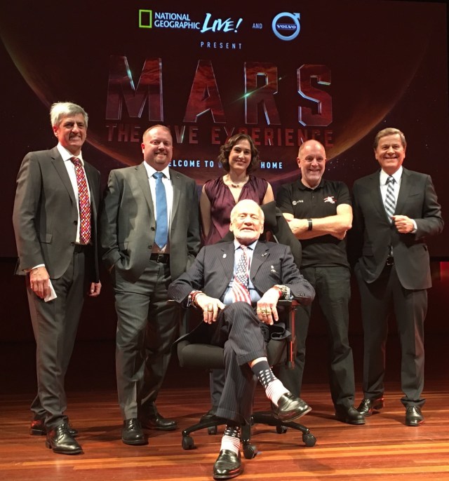 Jason Crusan, Dr Katherine Mack, Prof Mark McCaughrean, Ray Martin and Buzz prior to the Canberra performance 7Nov2016.